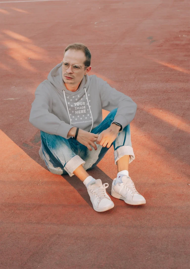 Man Wearing Light Gray Hoodie Mockup Front View Template