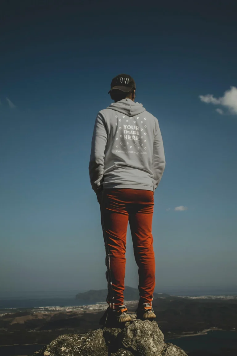 Man Wearing Light Gray Hoodie Mockup Back View Template