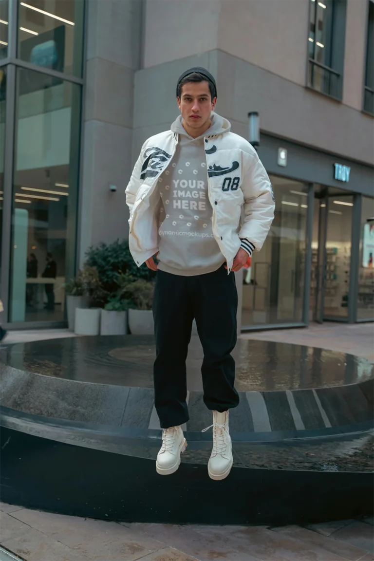 Man Wearing Light Gray Hoodie Mockup Front View Template