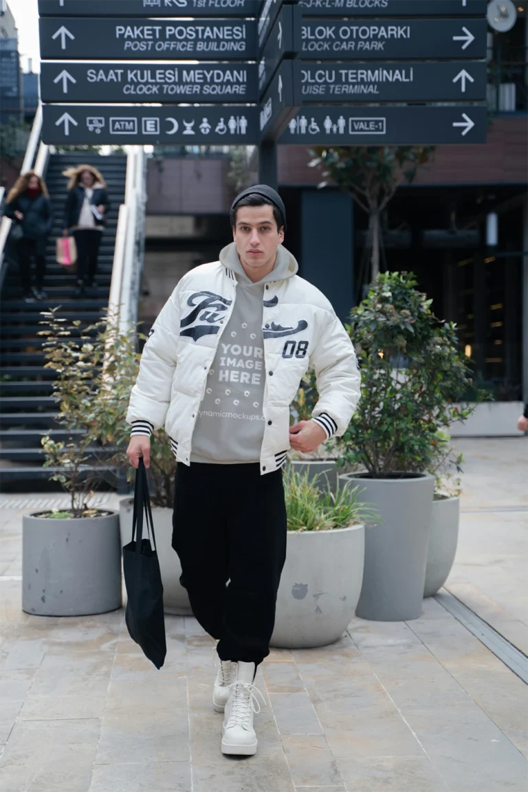 Man Wearing Light Gray Hoodie Mockup Front View Template