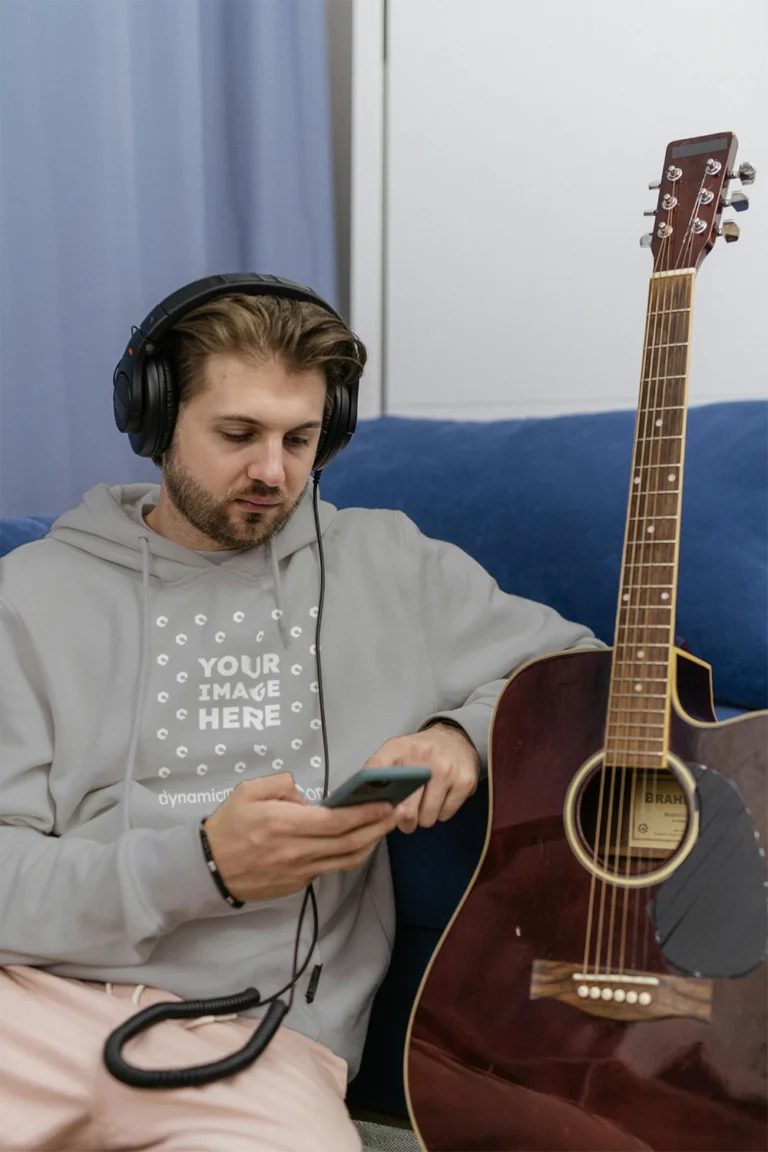 Man Wearing Light Gray Hoodie Mockup Front View Template