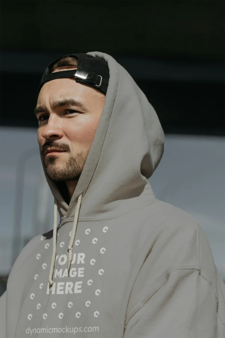 Man Wearing Light Gray Hoodie Mockup Front View Template