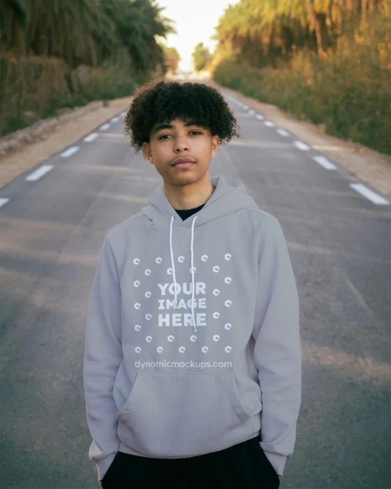 Man Wearing Light Gray Hoodie Mockup Front View Template