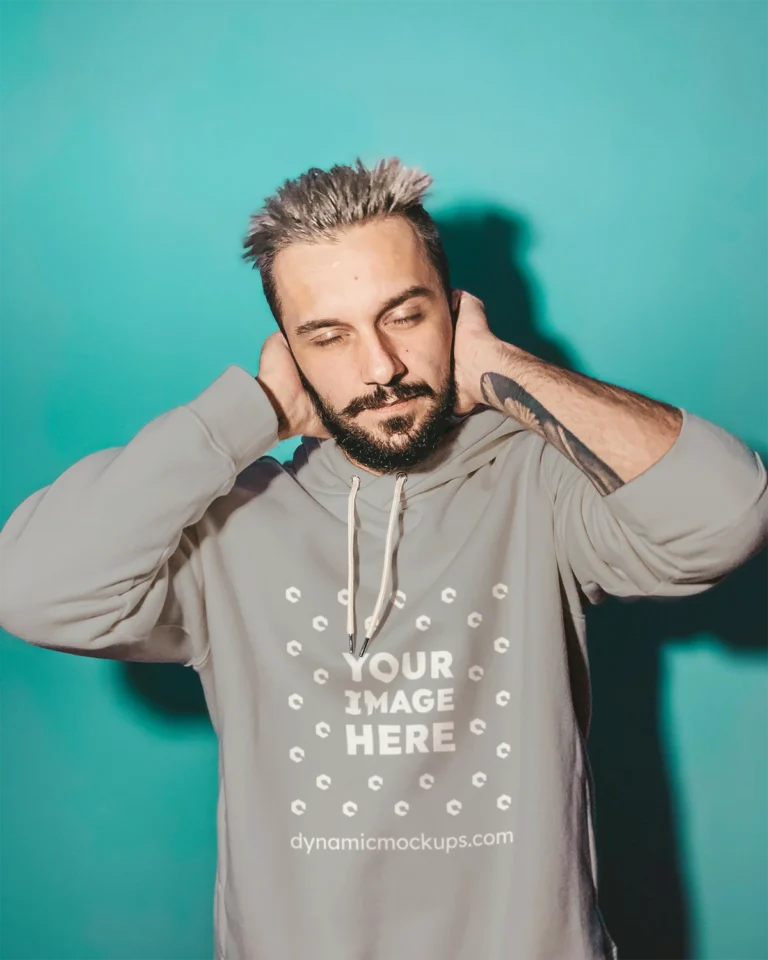 Man Wearing Light Gray Hoodie Mockup Front View Template