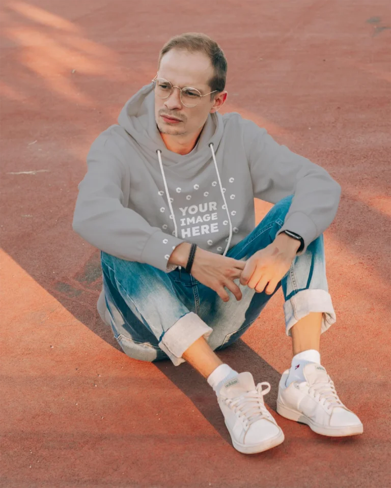 Man Wearing Light Gray Hoodie Mockup Front View Template