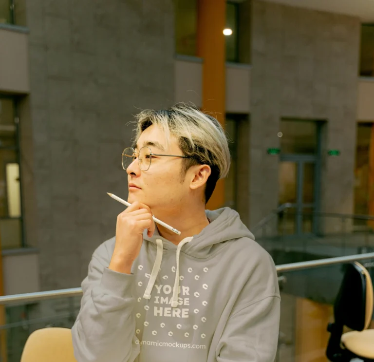 Man Wearing Light Gray Hoodie Mockup Front View Template
