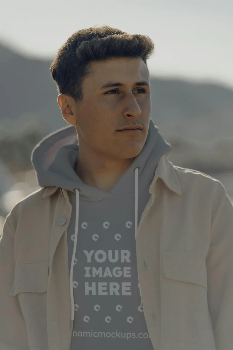 Man Wearing Light Gray Hoodie Mockup Front View Template