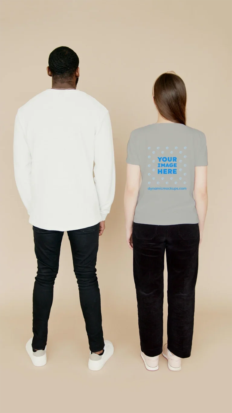 Man Wearing Light Gray T-shirt Mockup Back View Template