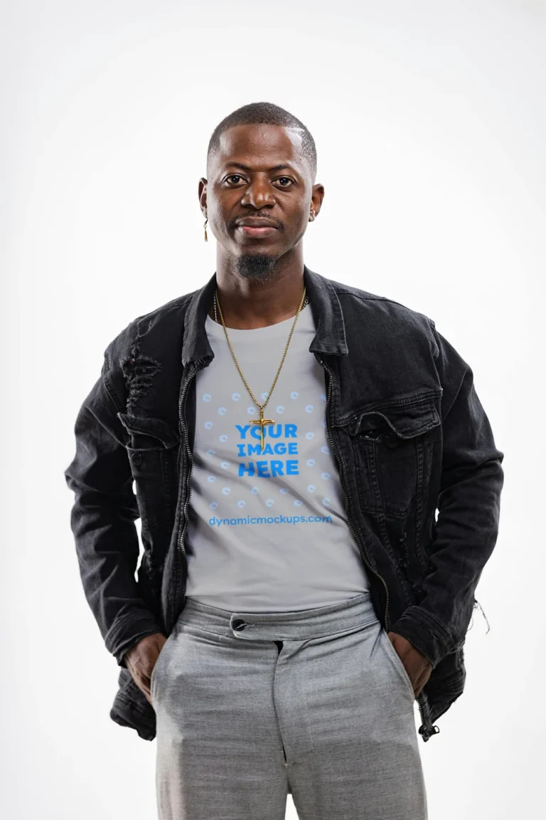 Man Wearing Light Gray T-shirt Mockup Front View Template