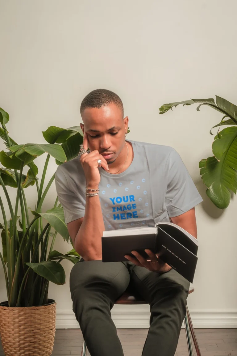 Man Wearing Light Gray T-shirt Mockup Front View Template