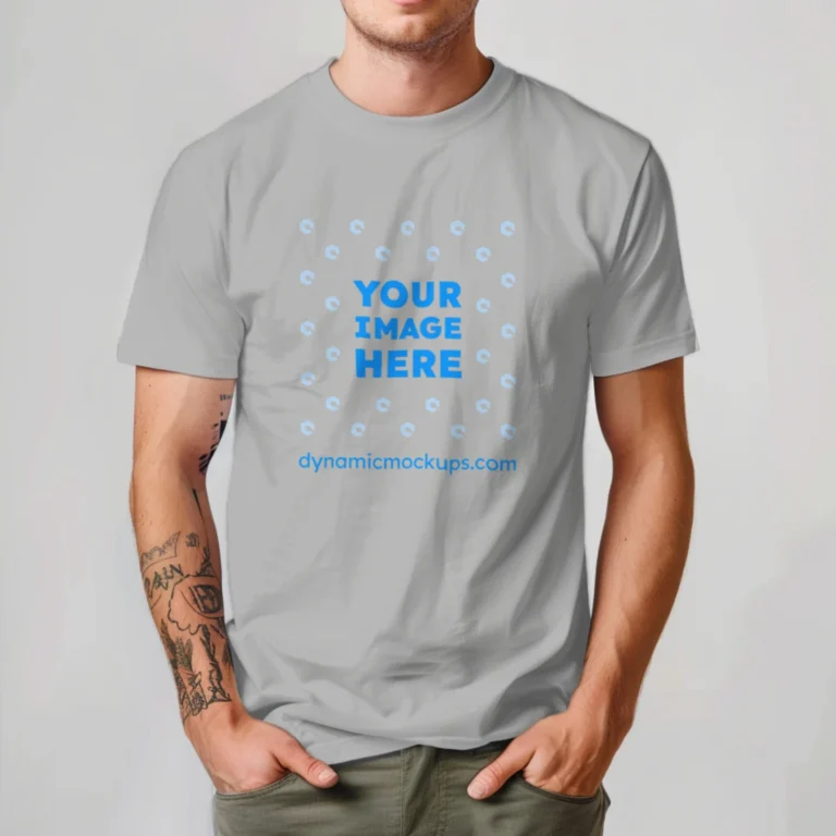 Man Wearing Light Gray T-shirt Mockup Front View Template