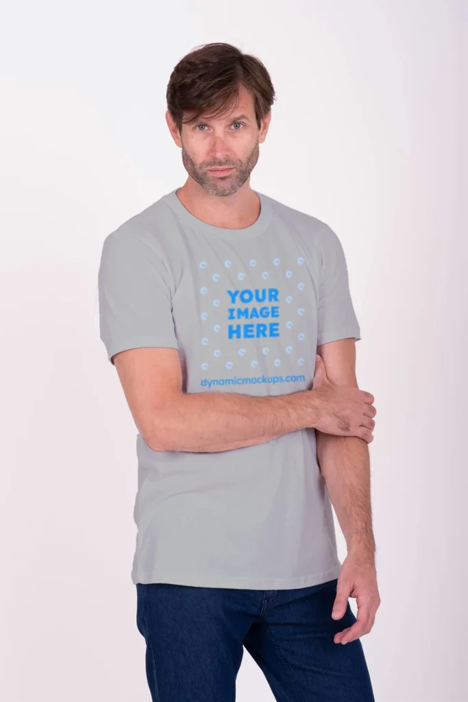 Man Wearing Light Gray T-shirt Mockup Front View Template