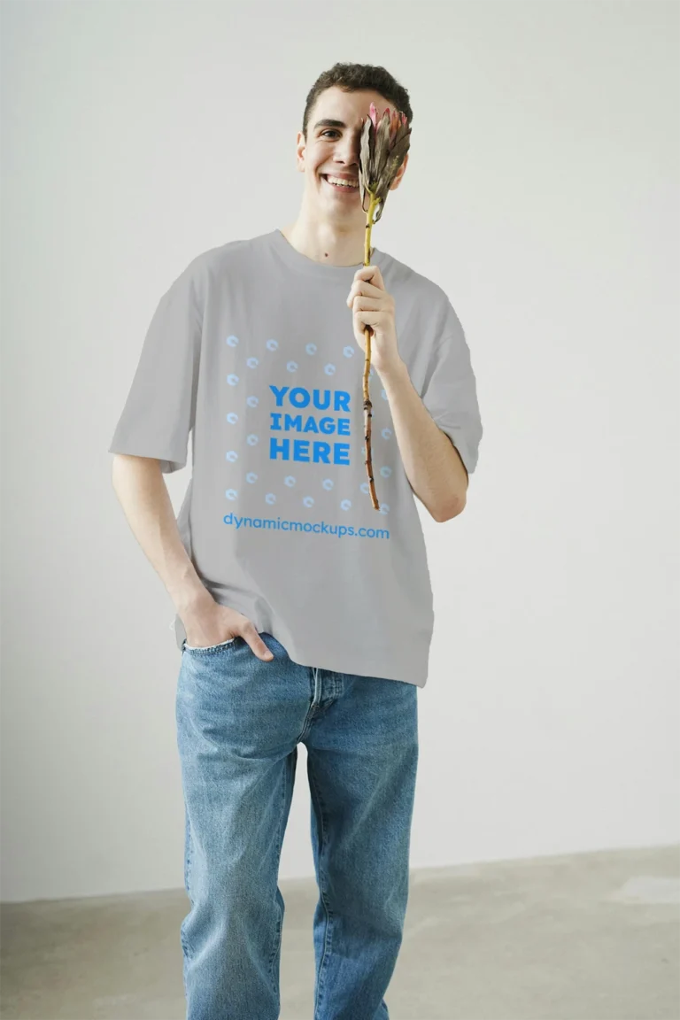 Man Wearing Light Gray T-shirt Mockup Front View Template