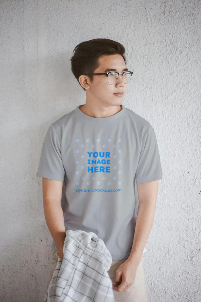 Man Wearing Light Gray T-shirt Mockup Front View Template