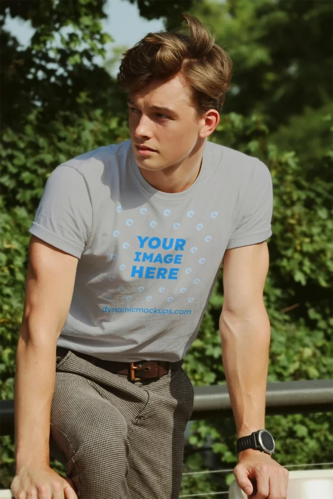 Man Wearing Light Gray T-shirt Mockup Front View Template