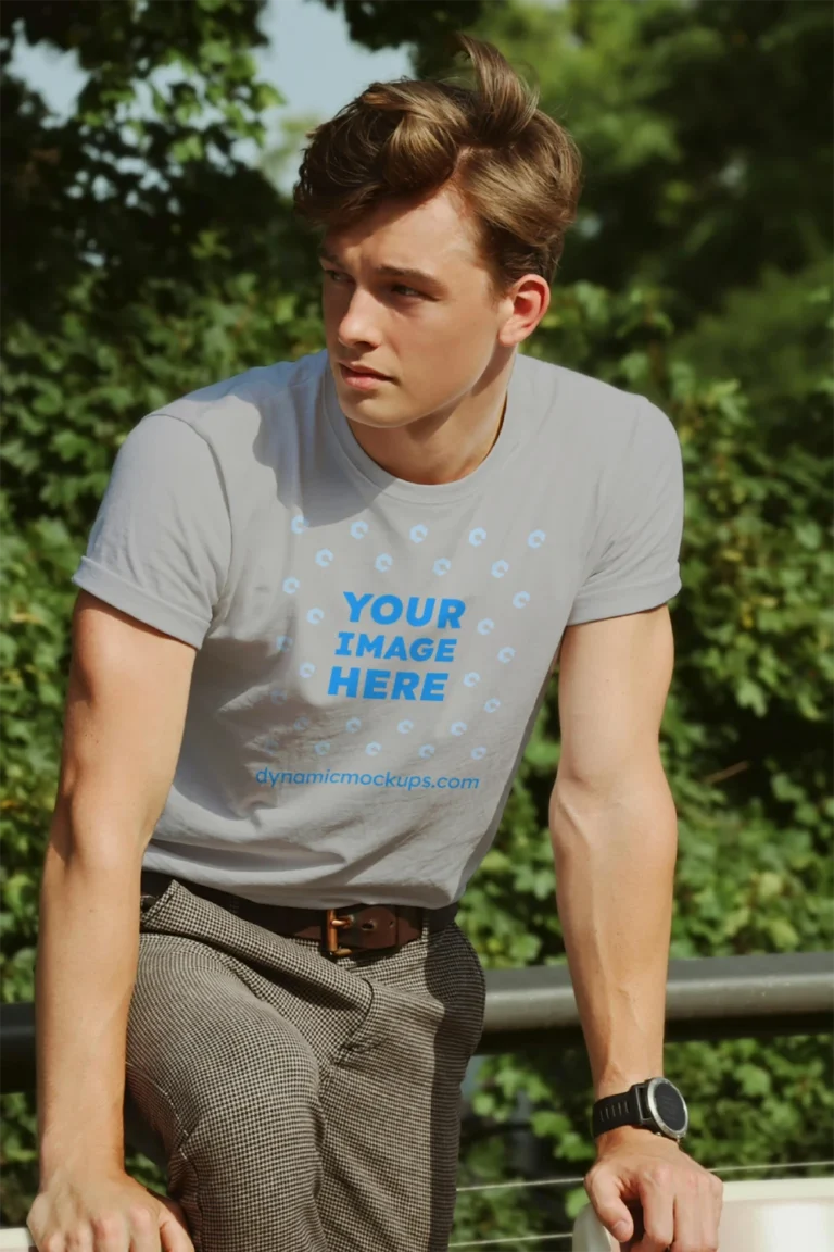 Man Wearing Light Gray T-shirt Mockup Front View Template