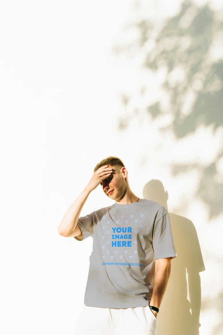 Man Wearing Light Gray T-shirt Mockup Front View Template