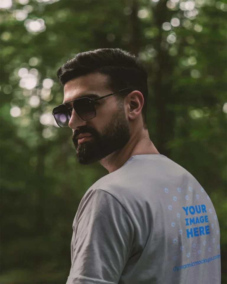 Man Wearing Light Gray T-shirt Mockup Back View Template