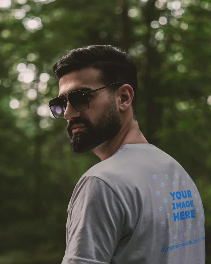 Man Wearing Light Gray T-shirt Mockup Back View Template