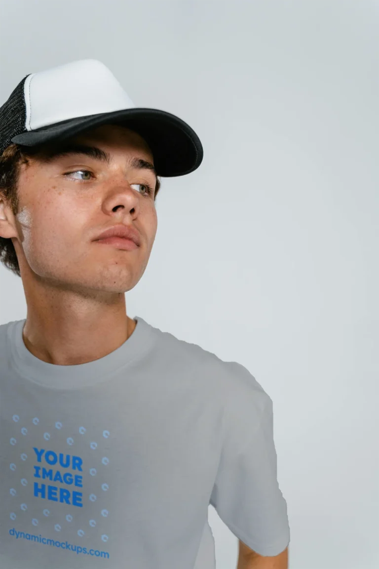 Man Wearing Light Gray T-shirt Mockup Front View Template