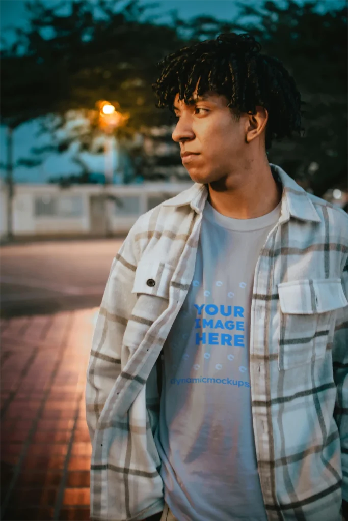 Man Wearing Light Gray T-shirt Mockup Front View Template