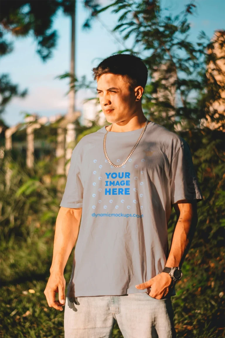Man Wearing Light Gray T-shirt Mockup Front View Template