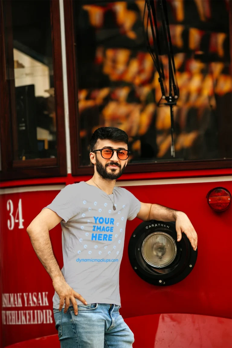 Man Wearing Light Gray T-shirt Mockup Front View Template