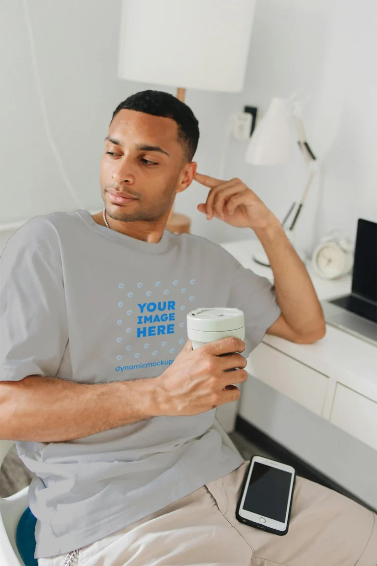 Man Wearing Light Gray T-shirt Mockup Front View Template