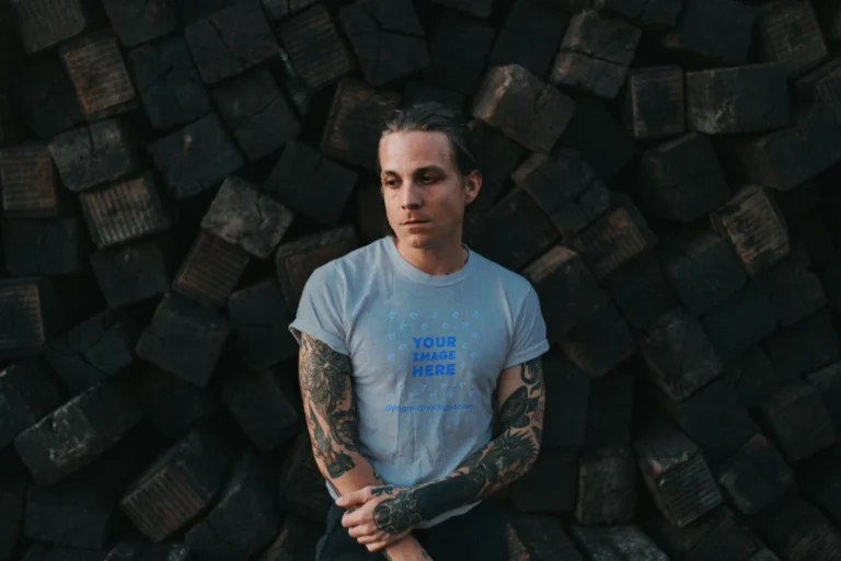 Man Wearing Light Gray T-shirt Mockup Front View Template