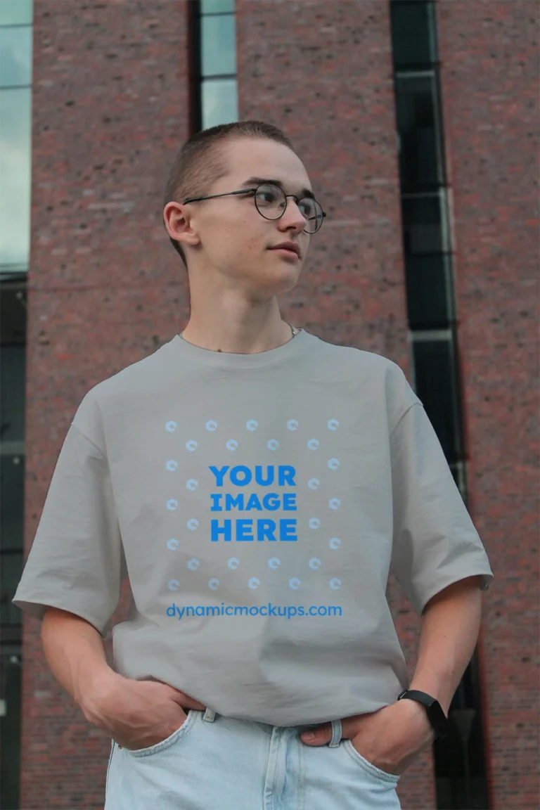 Man Wearing Light Gray T-shirt Mockup Front View Template