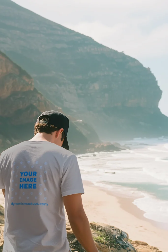 Man Wearing Light Gray T-shirt Mockup Back View Template
