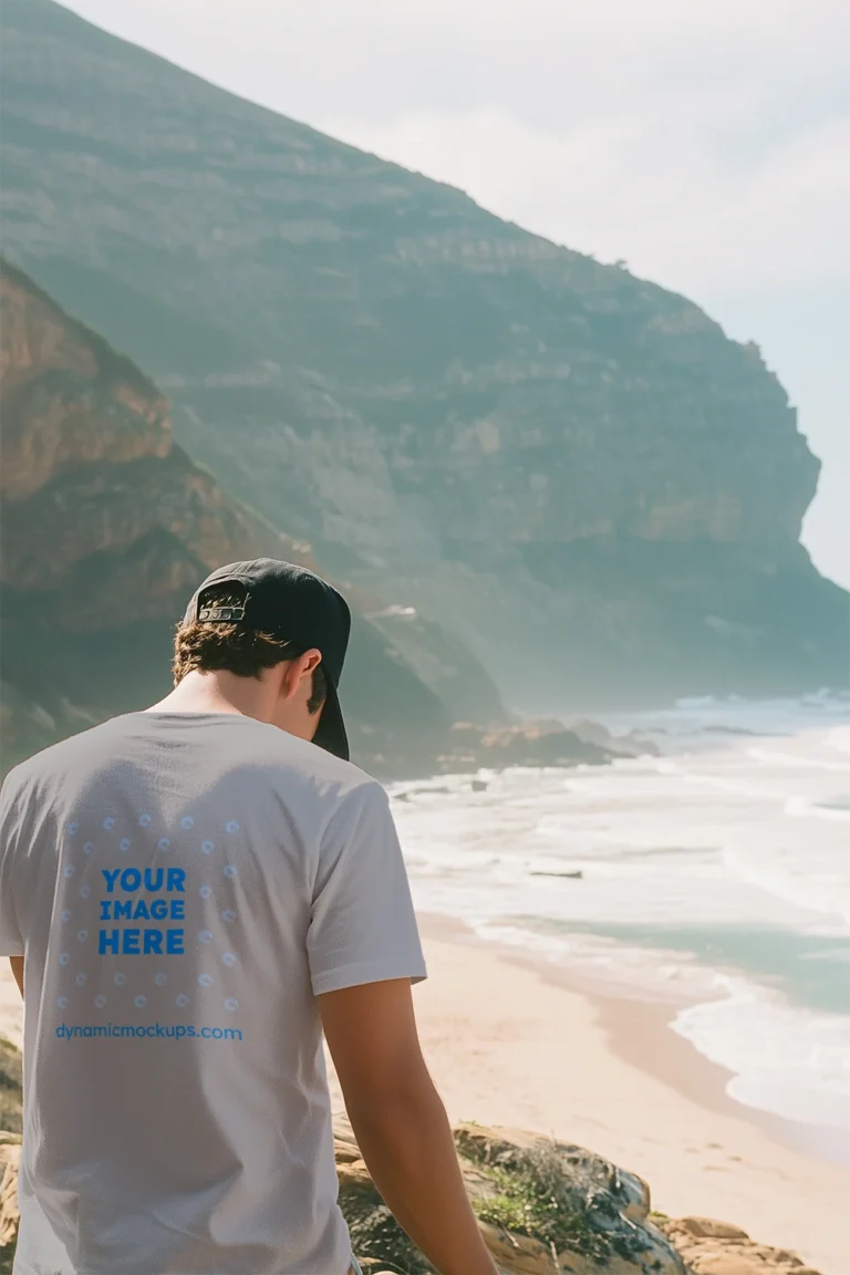 Man Wearing Light Gray T-shirt Mockup Back View Template