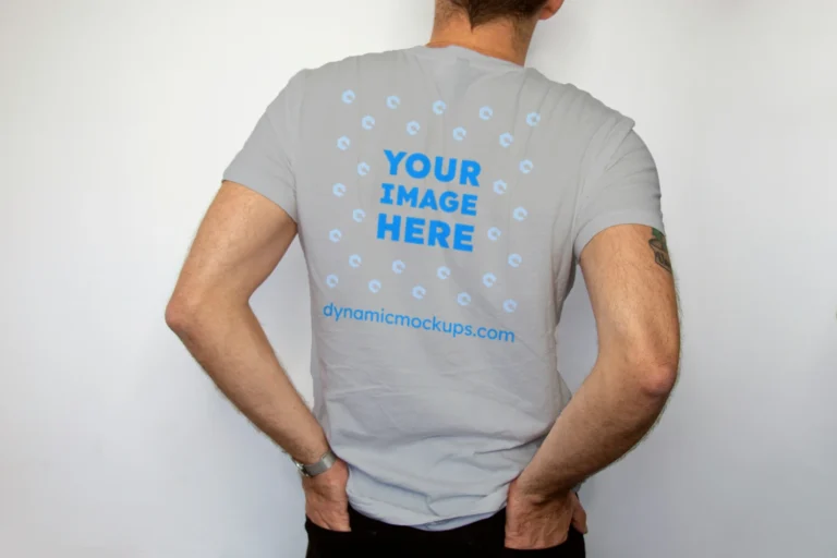 Man Wearing Light Gray T-shirt Mockup Back View Template