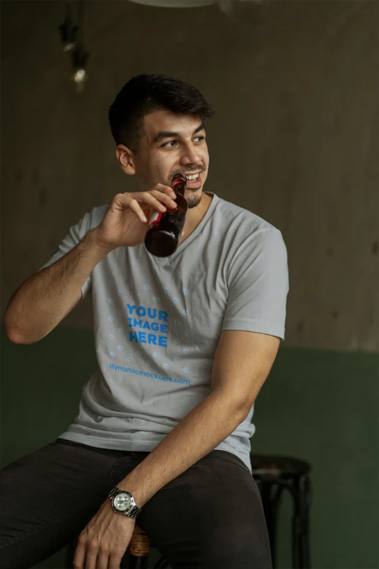 Man Wearing Light Gray T-shirt Mockup Front View Template