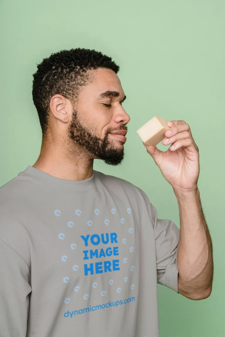 Man Wearing Light Gray T-shirt Mockup Front View Template