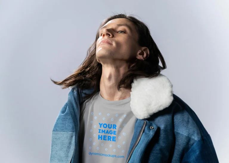 Man Wearing Light Gray T-shirt Mockup Front View Template