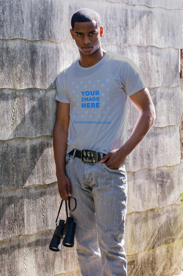 Man Wearing Light Gray T-shirt Mockup Front View Template