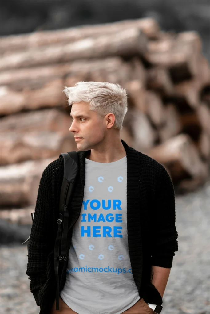 Man Wearing Light Gray T-shirt Mockup Front View Template
