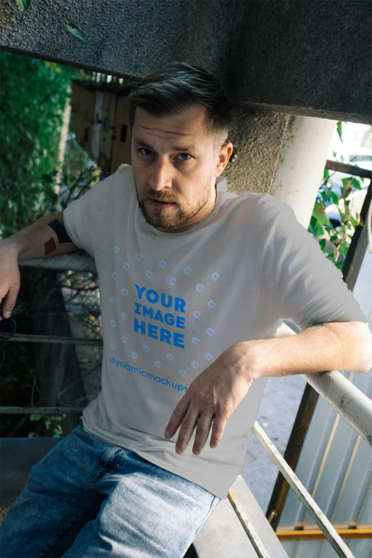 Man Wearing Light Gray T-shirt Mockup Front View Template