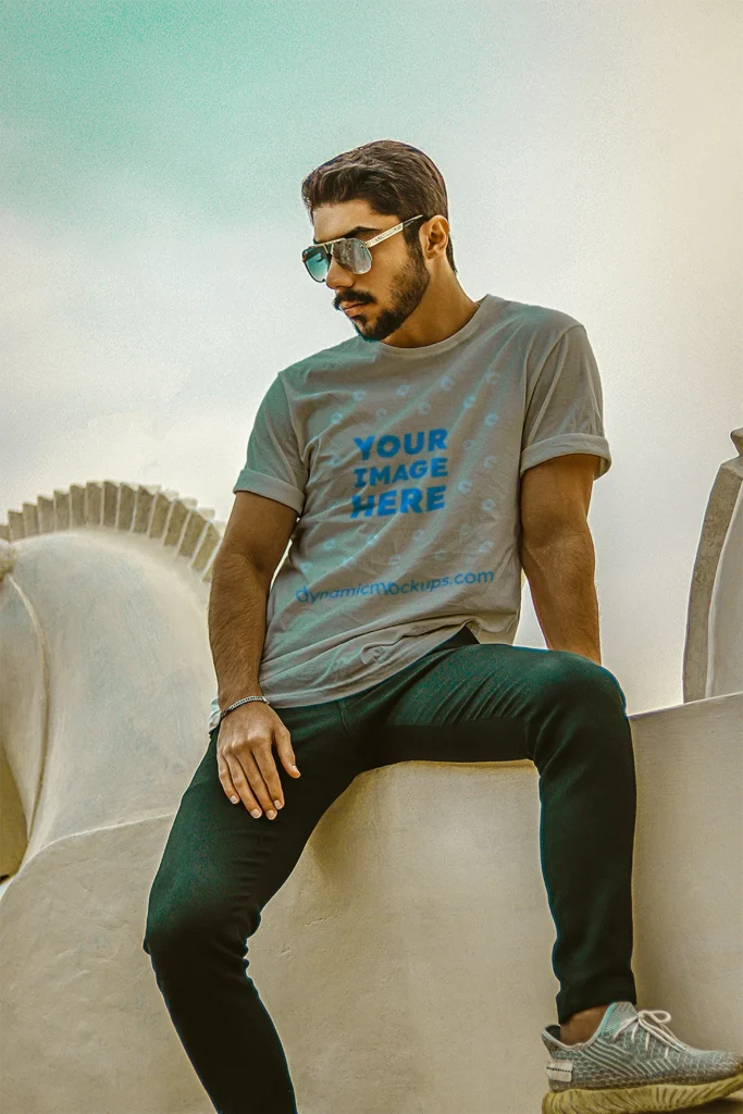 Man Wearing Light Gray T-shirt Mockup Front View Template