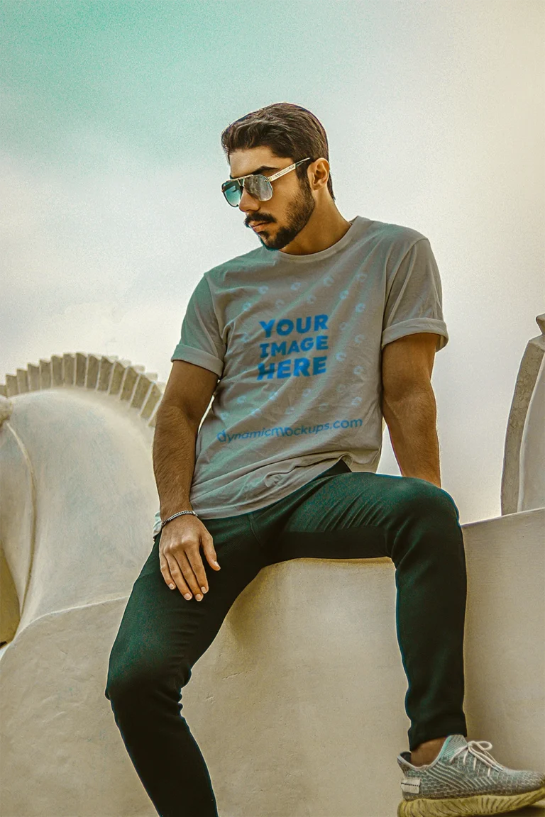 Man Wearing Light Gray T-shirt Mockup Front View Template