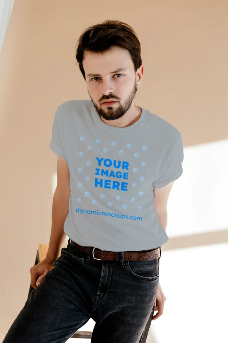 Man Wearing Light Gray T-shirt Mockup Front View Template