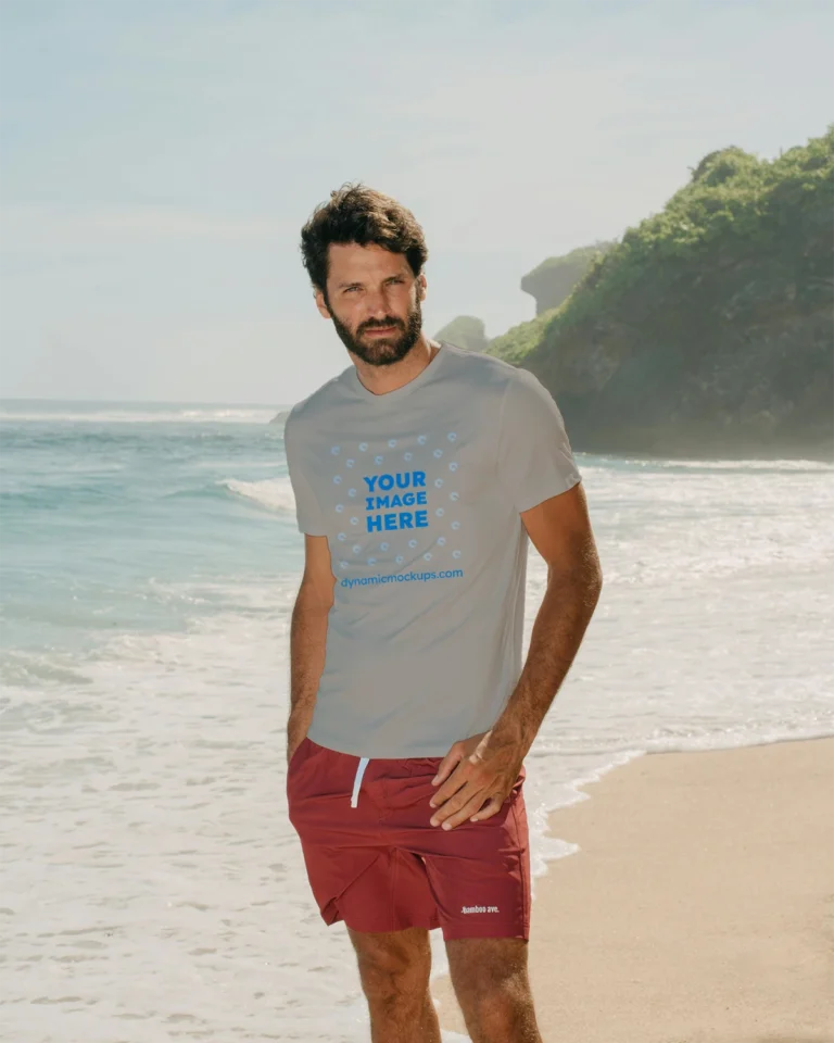Man Wearing Light Gray T-shirt Mockup Front View Template