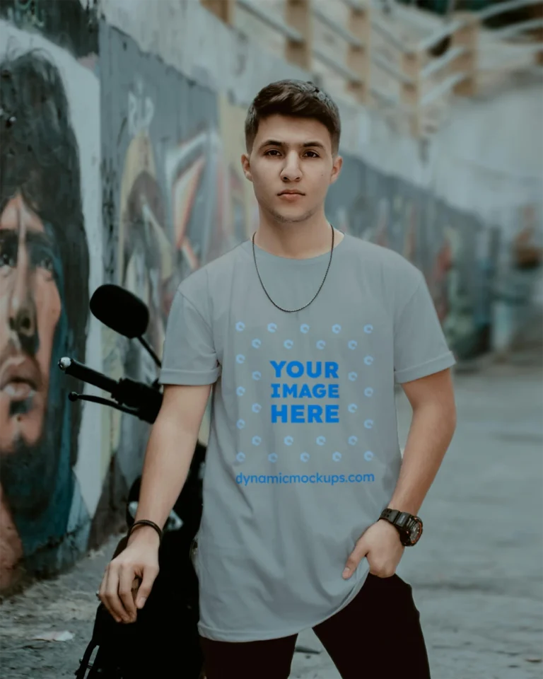 Man Wearing Light Gray T-shirt Mockup Front View Template