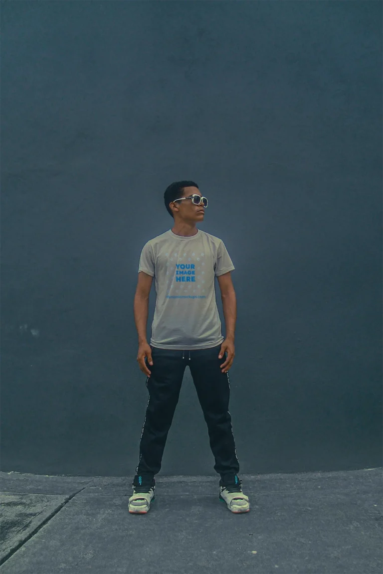Man Wearing Light Gray T-shirt Mockup Front View Template