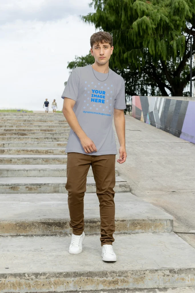 Man Wearing Light Gray T-shirt Mockup Front View Template