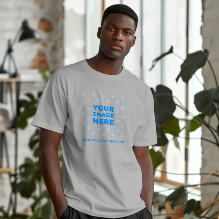 Man Wearing Light Gray T-shirt Mockup Front View Template