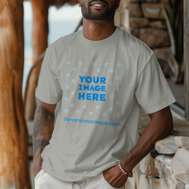 Man Wearing Light Gray T-shirt Mockup Front View Template