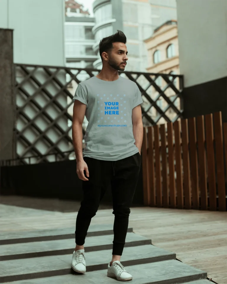 Man Wearing Light Gray T-shirt Mockup Front View Template