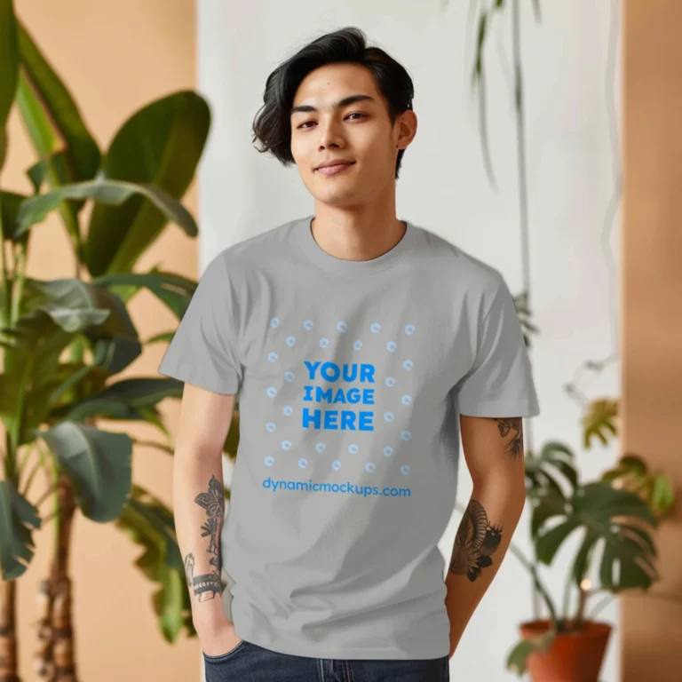 Man Wearing Light Gray T-shirt Mockup Front View Template